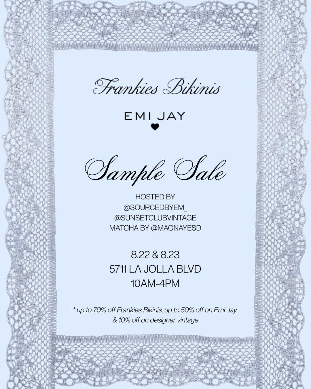 8/22 & 8/23 Frankies Bikinis & Emi Jay Sample Sale | Sourced by Em x Sunset Club Vintage