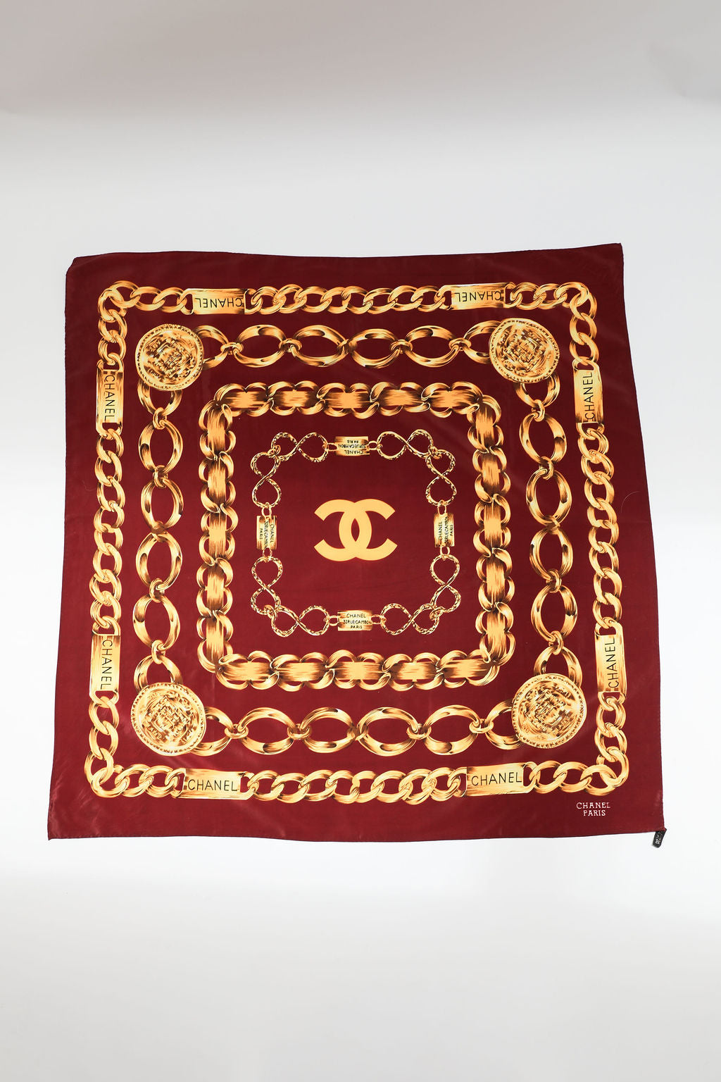 Chanel Maroon Chain Print Silk Scarf
