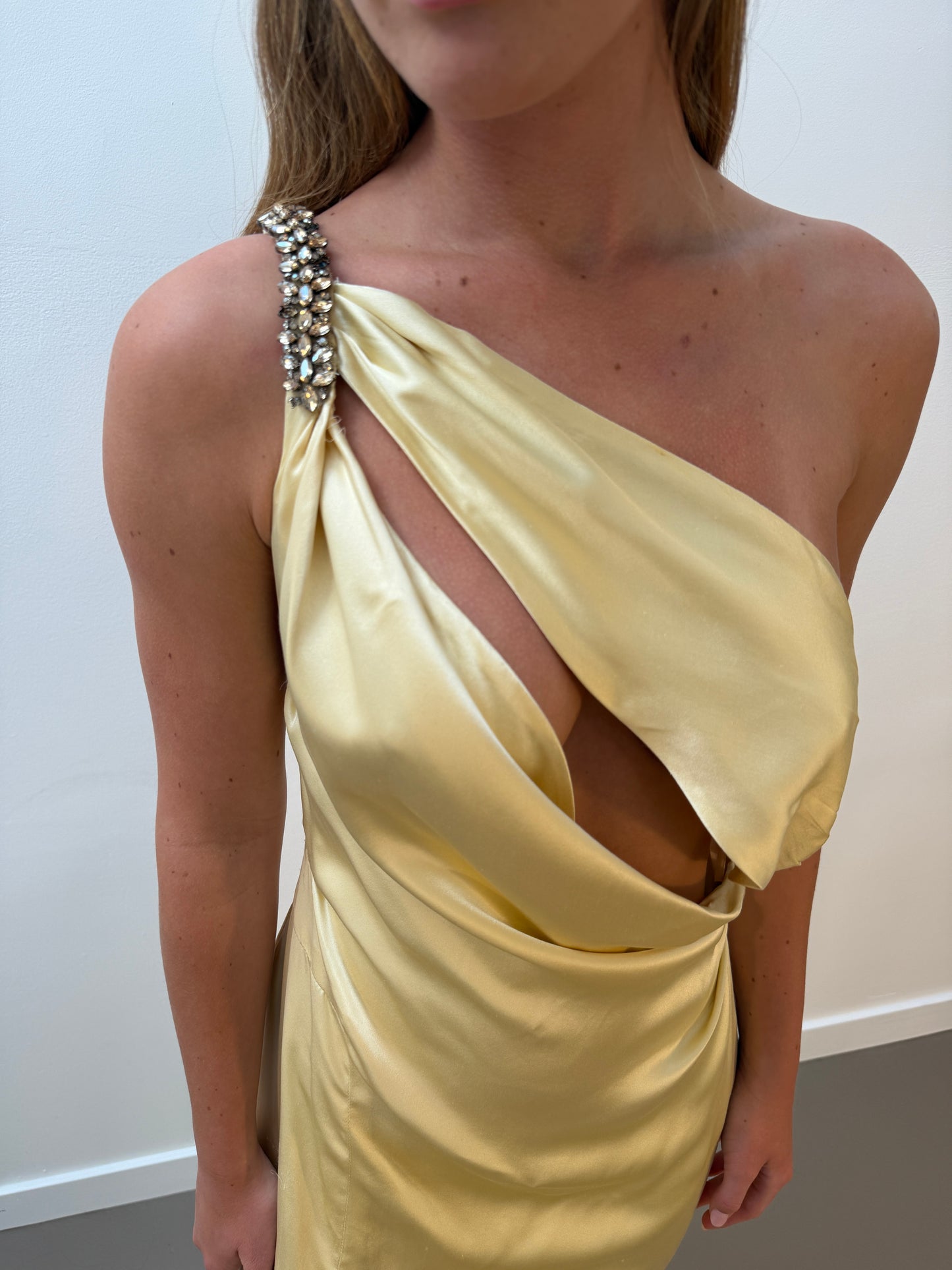 Yellow Embellished Asymmetrical Silk Gown (XS-M)