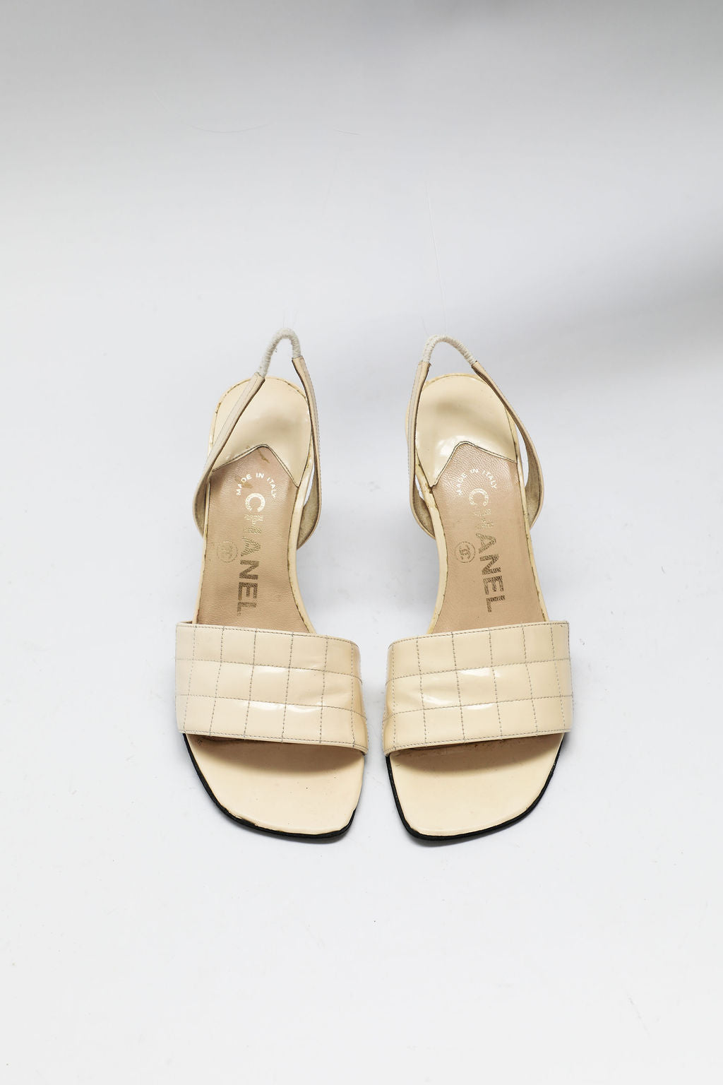 Chanel Cream Quilted Patent Leather Sandals (US 5)