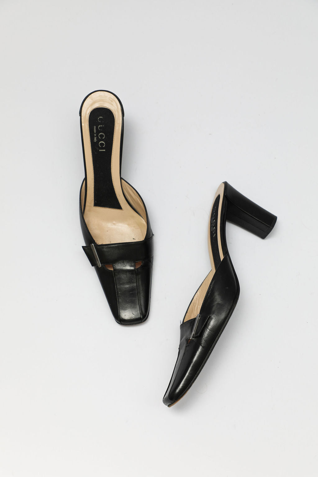 Gucci Black Leather Square-Toe Mules (US 9)