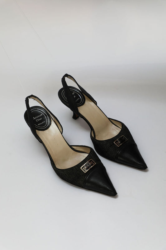Dior Montaigne 1947 Denim License Plate Slingbacks (EU 37)