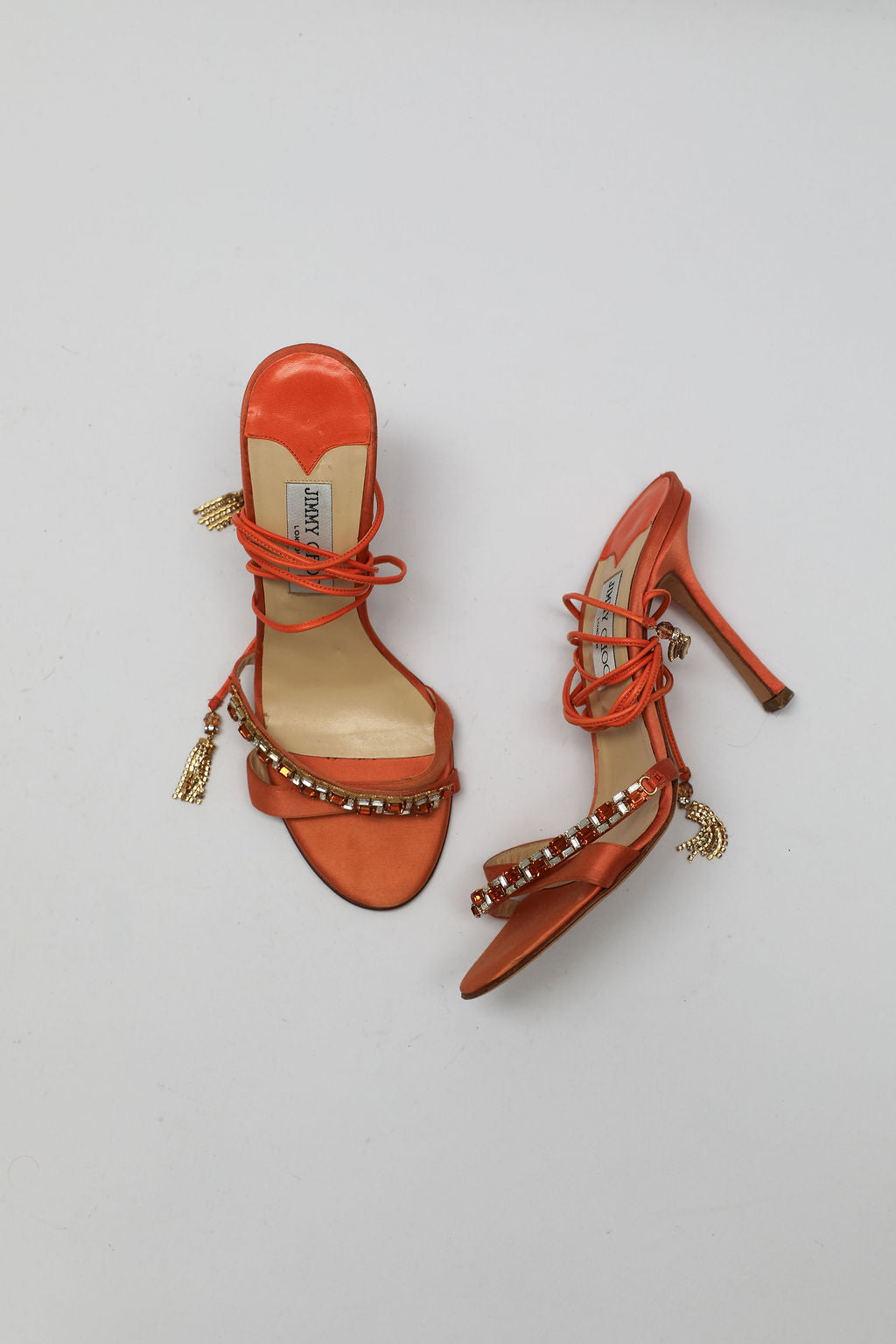 Jimmy Choo Orange Jeweled Silk Lace-up Heels (EU 40)