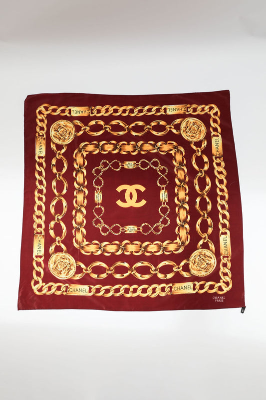 Chanel Maroon Chain Print Silk Scarf