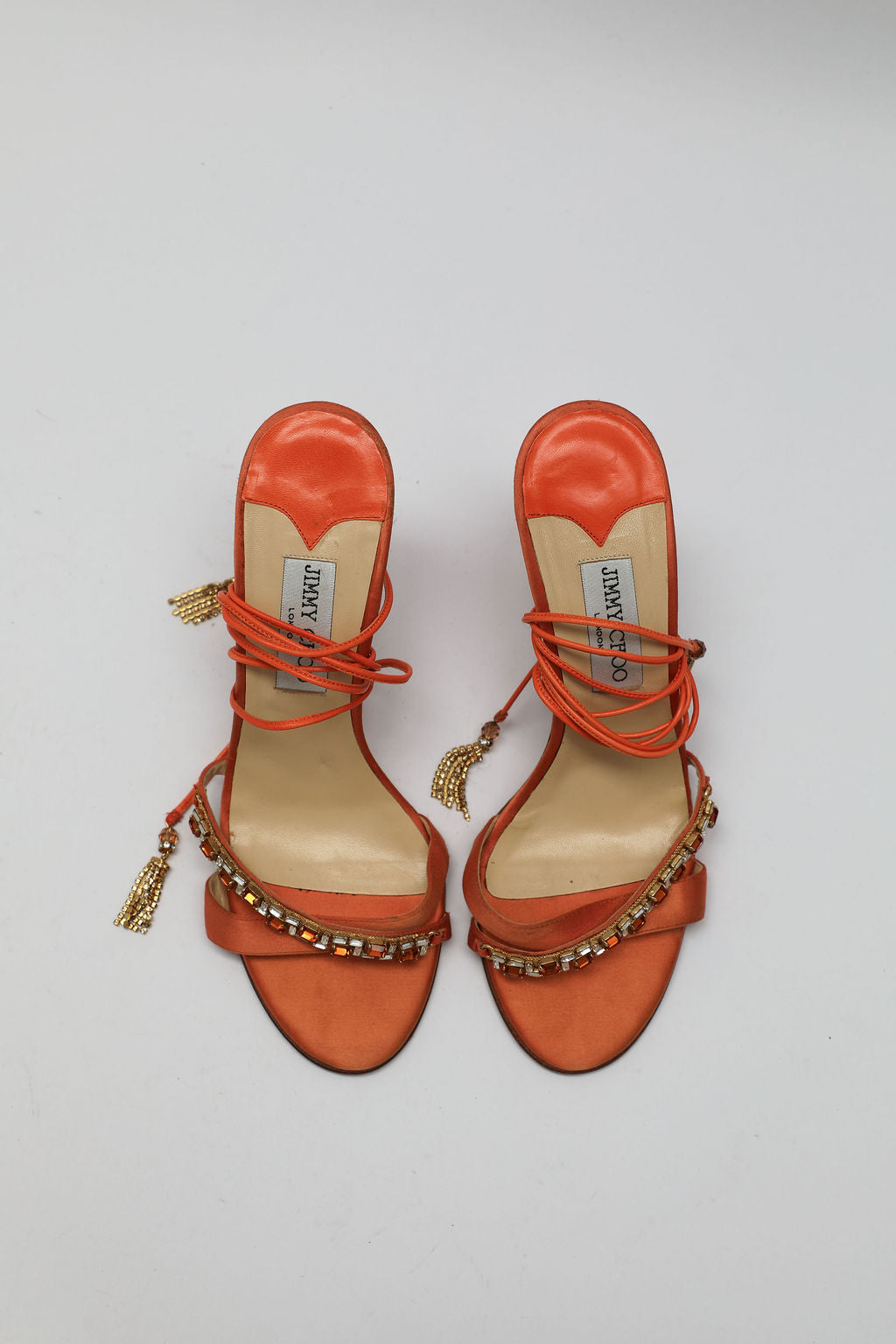 Jimmy Choo Orange Jeweled Silk Lace-up Heels (EU 40)