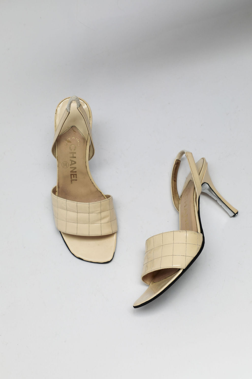 Chanel Cream Quilted Patent Leather Sandals (US 5)