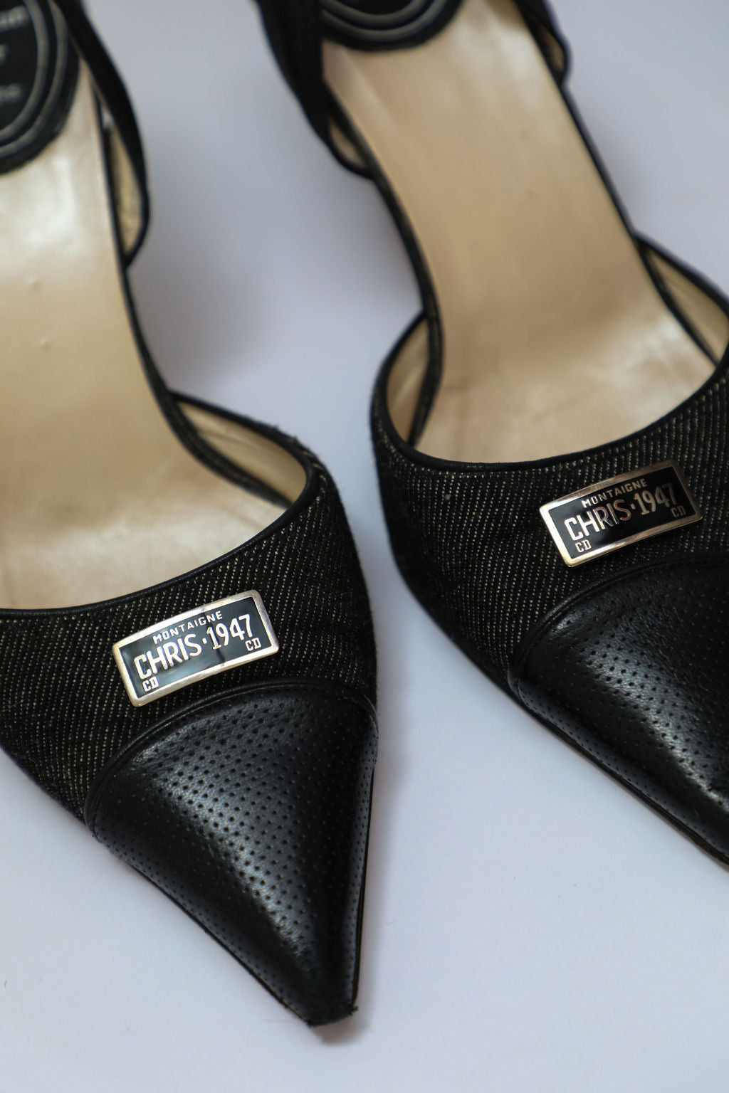 Dior Montaigne 1947 Denim License Plate Slingbacks (EU 37)