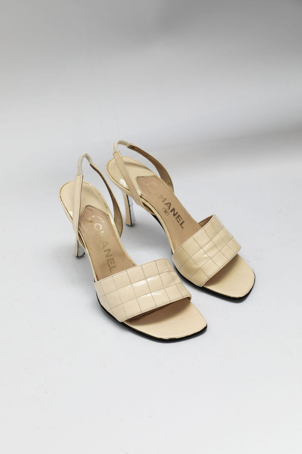 Chanel Cream Quilted Patent Leather Sandals (US 5)
