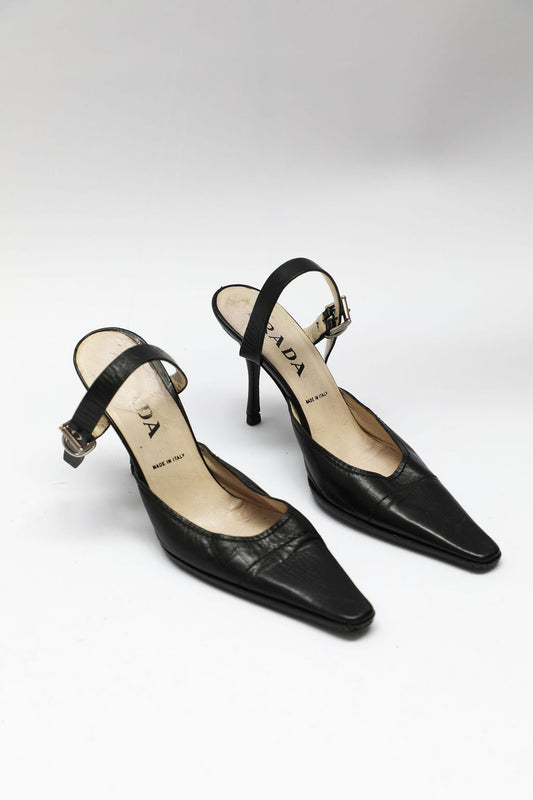Prada Black Leather Pointed-Toe Buckle Pumps (EU 36)