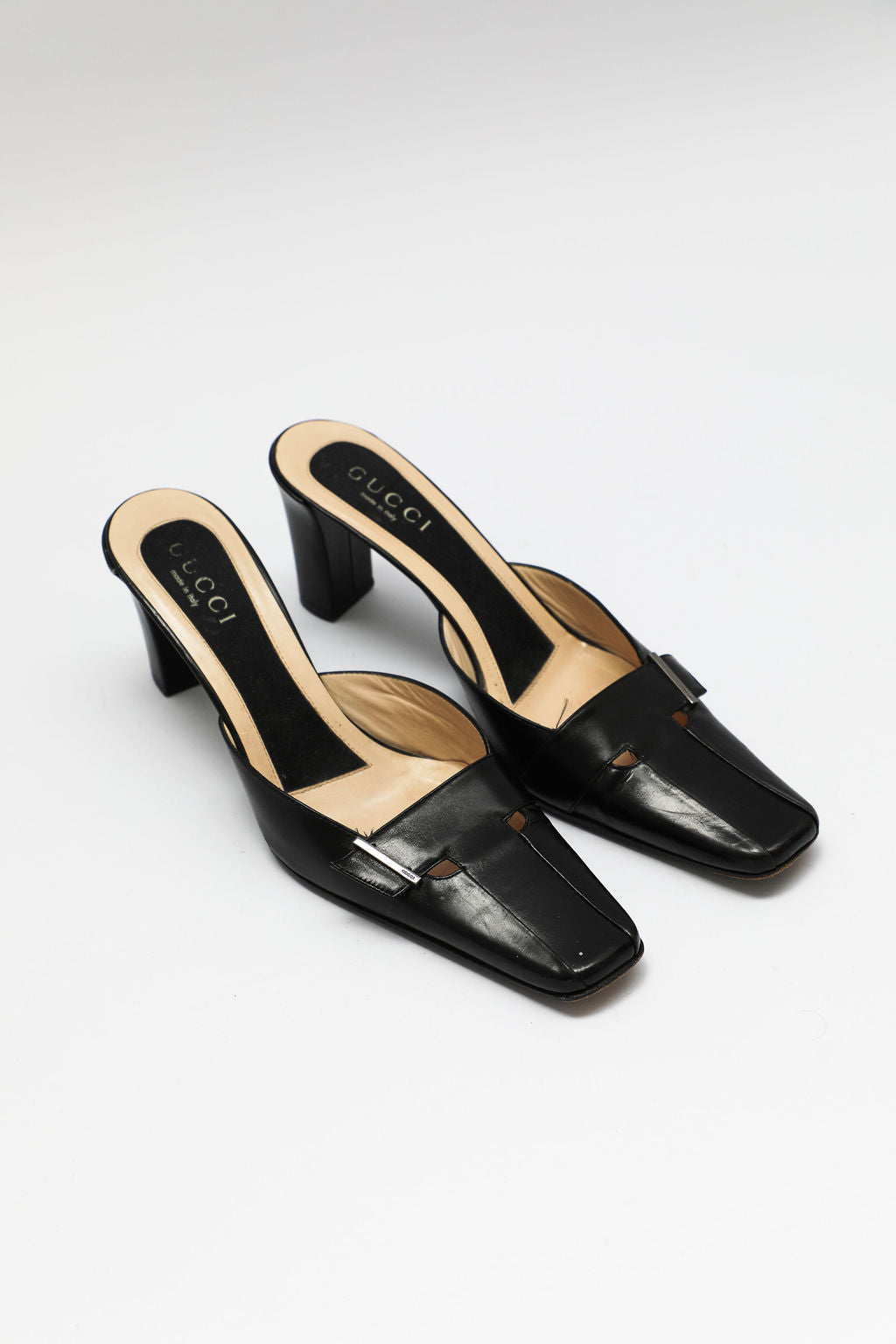 Gucci Black Leather Square-Toe Mules (US 9)