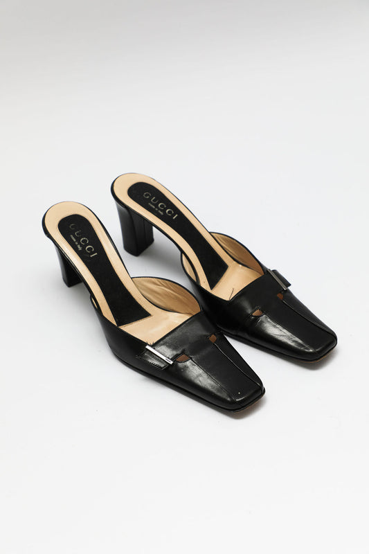 Gucci Black Leather Square-Toe Mules (US 9)