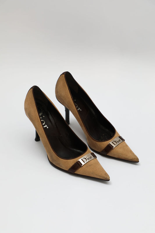 Dior Logo Plaque Tan Suede Pumps (EU 36)