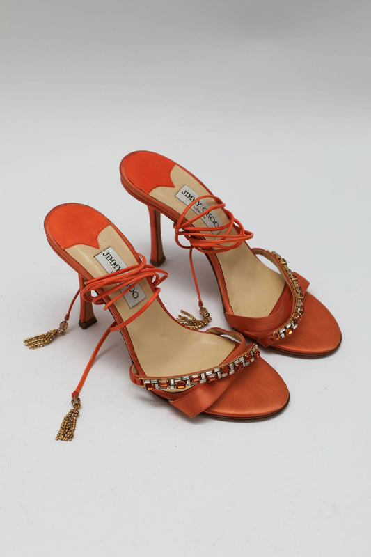 Jimmy Choo Orange Jeweled Silk Lace-up Heels (EU 40)