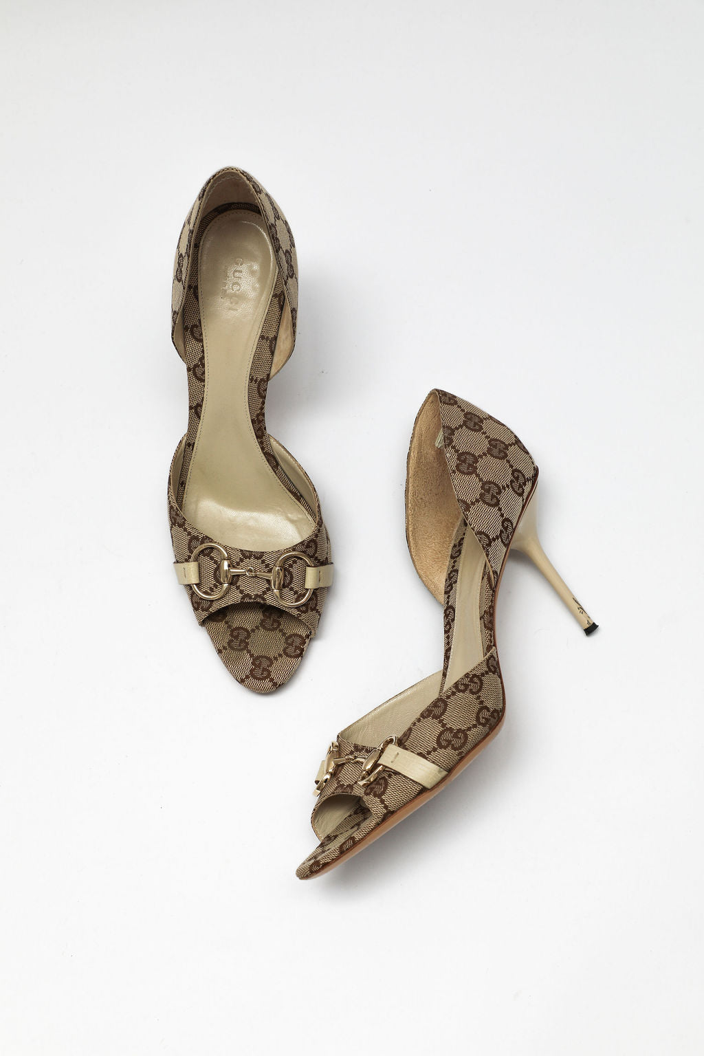 Gucci GG Canvas Horsebit Peep-Toe Pumps (US 11)