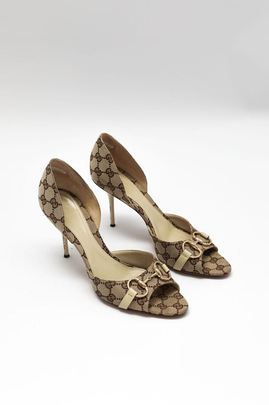 Gucci GG Canvas Horsebit Peep-Toe Pumps (US 11)