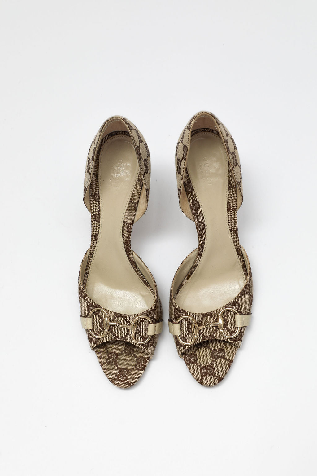 Gucci GG Canvas Horsebit Peep-Toe Pumps (US 11)