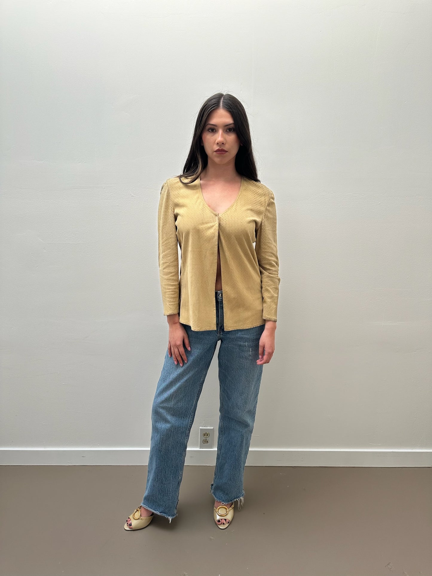 Armani Calf Leather Long Sleeve Blouse - Beige (IT 40)