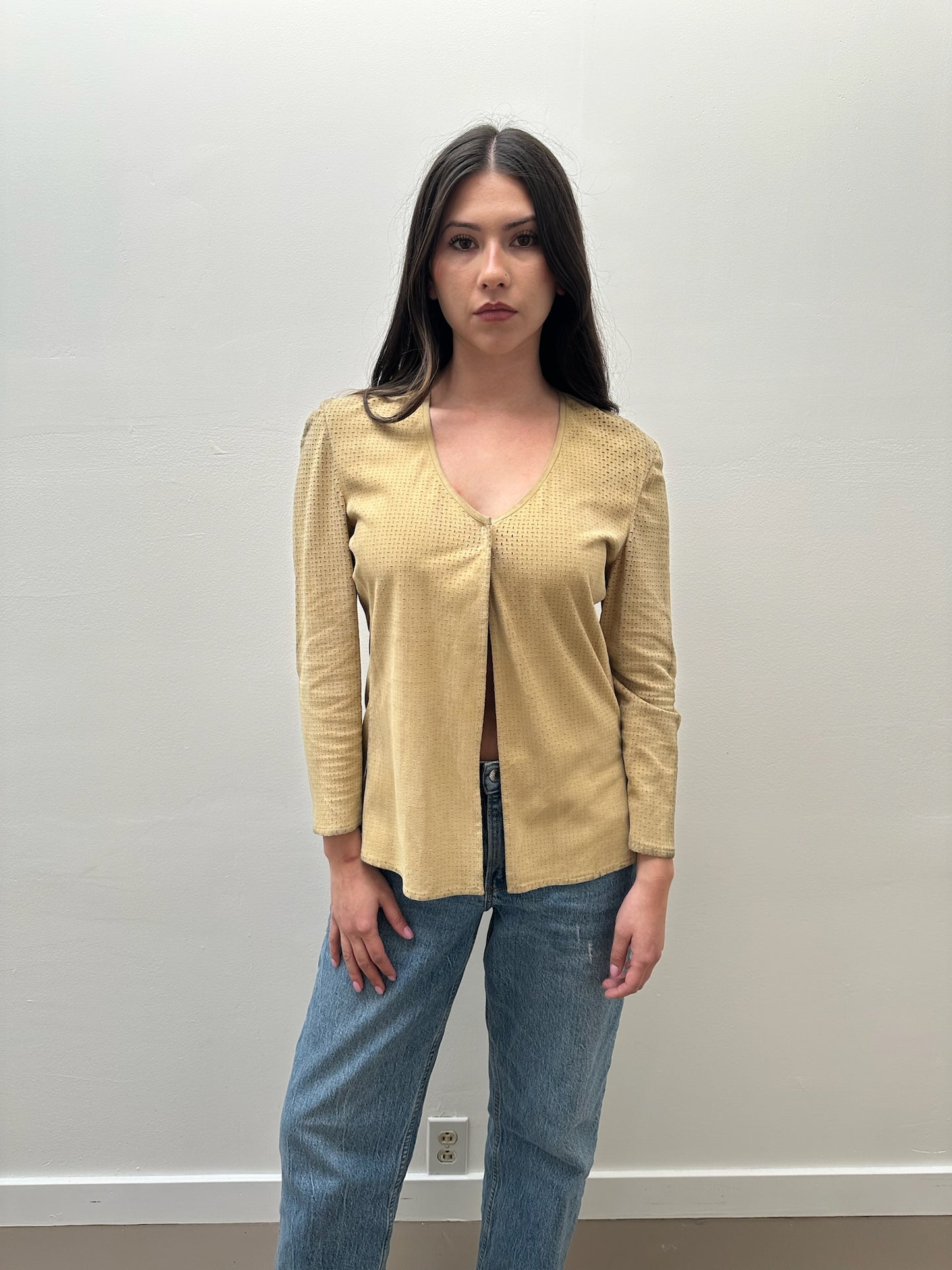 Armani Calf Leather Long Sleeve Blouse - Beige (IT 40)