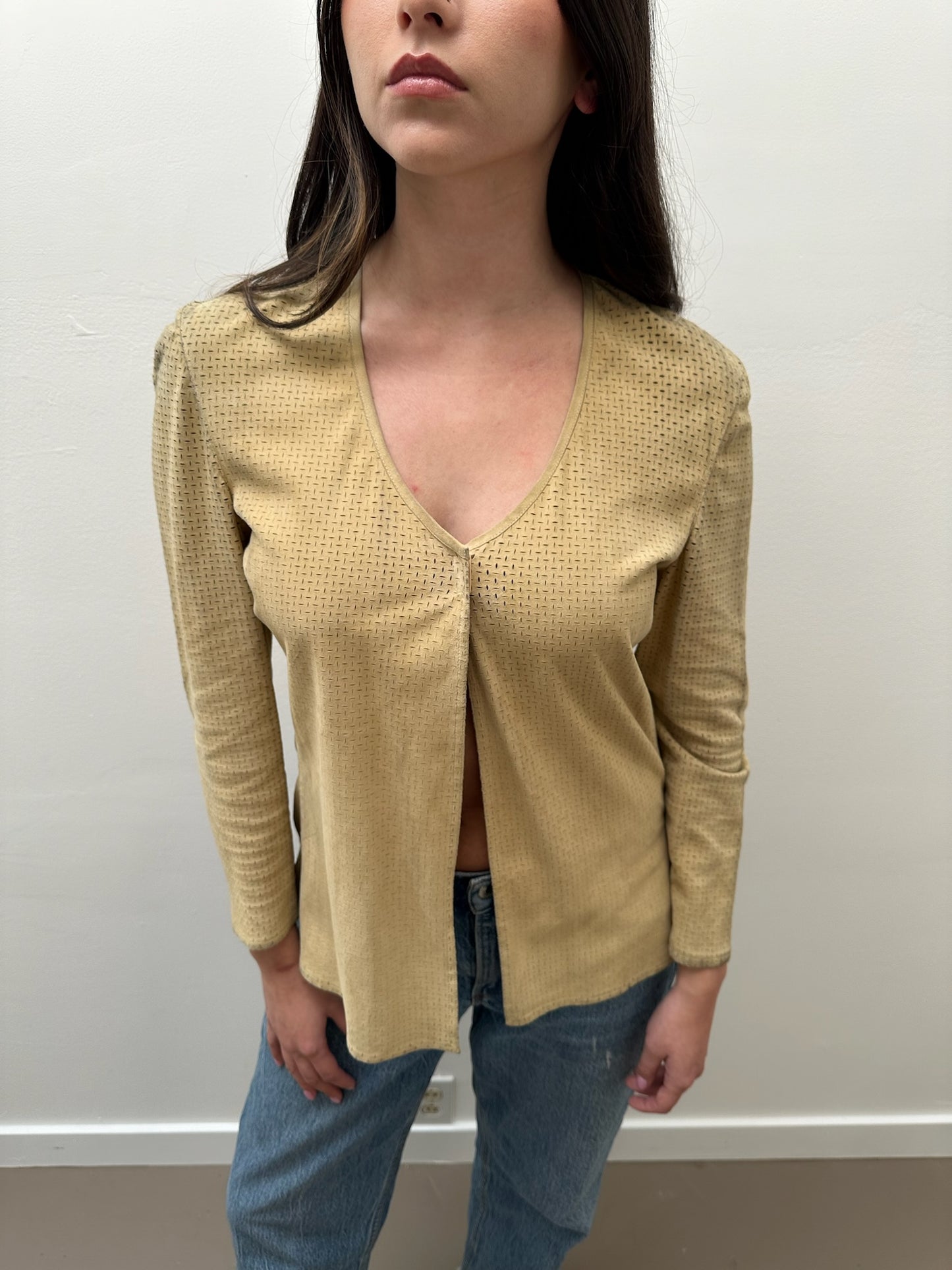 Armani Calf Leather Long Sleeve Blouse - Beige (IT 40)