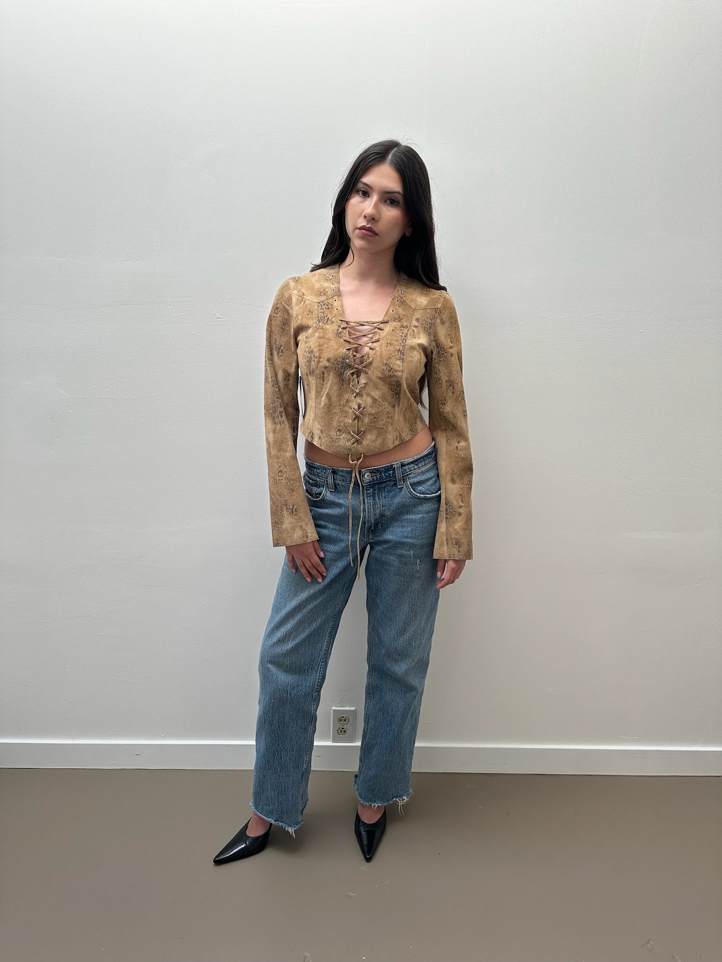 Michael Hoban Suede Animal Print Lace-Up Blouse (4) - Tan & Brown
