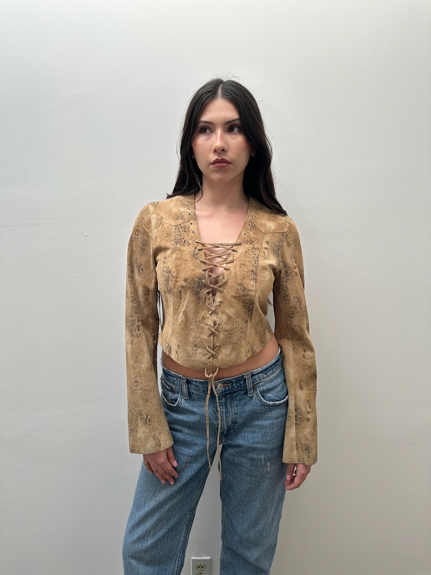 Michael Hoban Suede Animal Print Lace-Up Blouse (4) - Tan & Brown