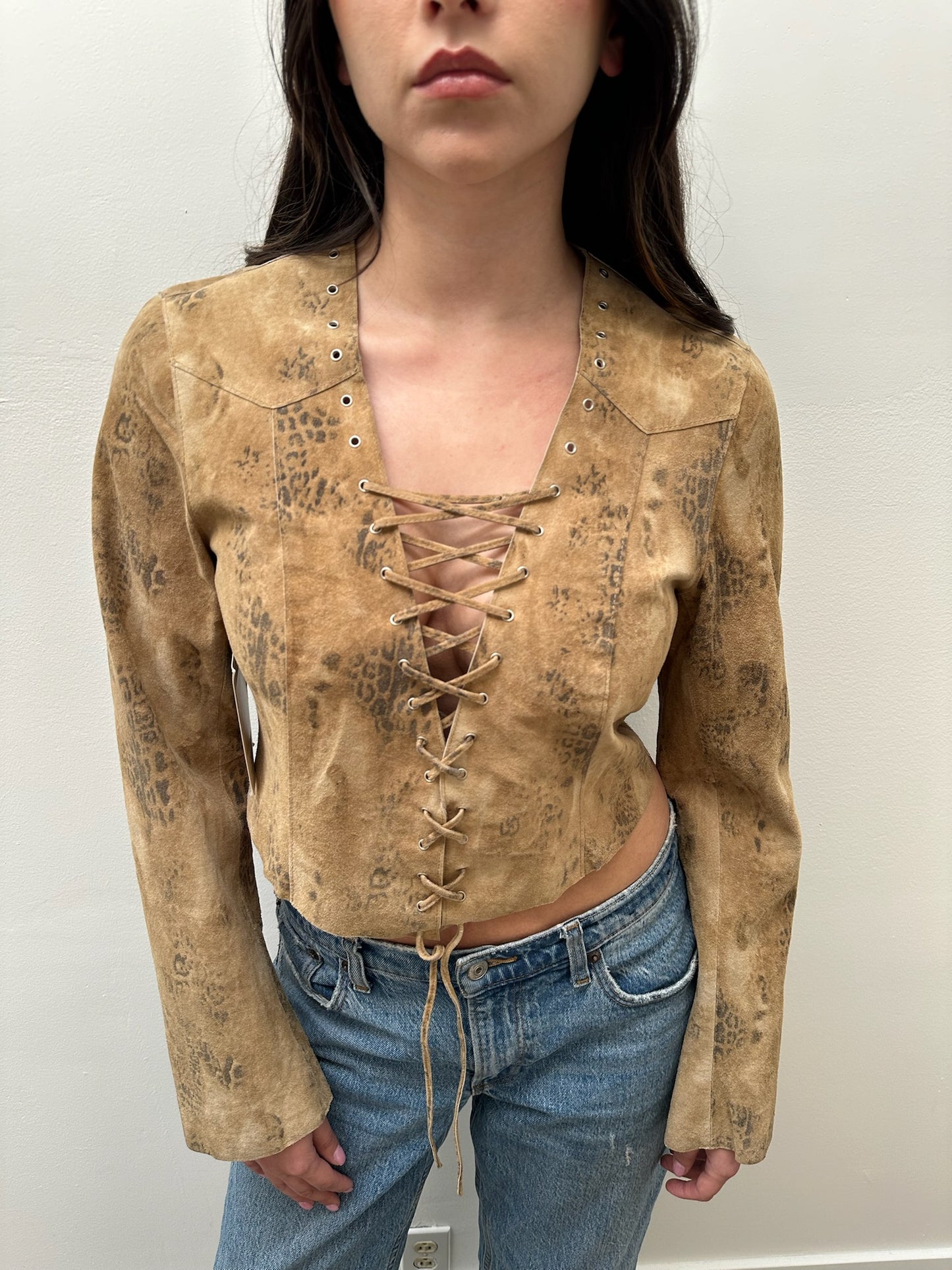 Michael Hoban Suede Animal Print Lace-Up Blouse (4) - Tan & Brown