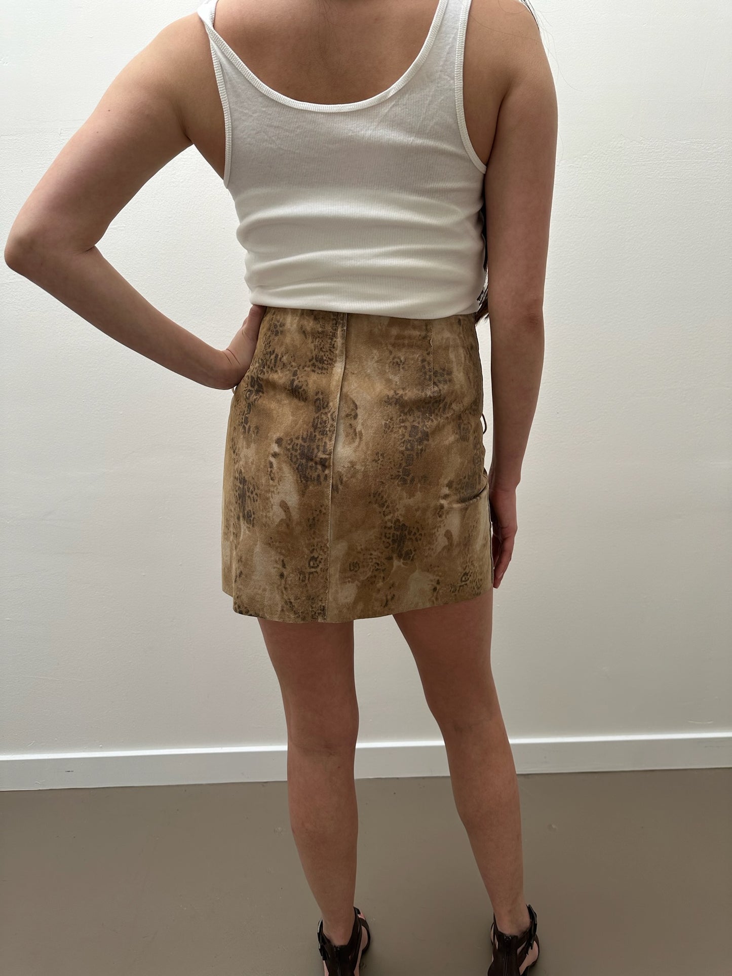Michael Hoban Suede Animal Print Mini Skirt (2) - Tan & Brown
