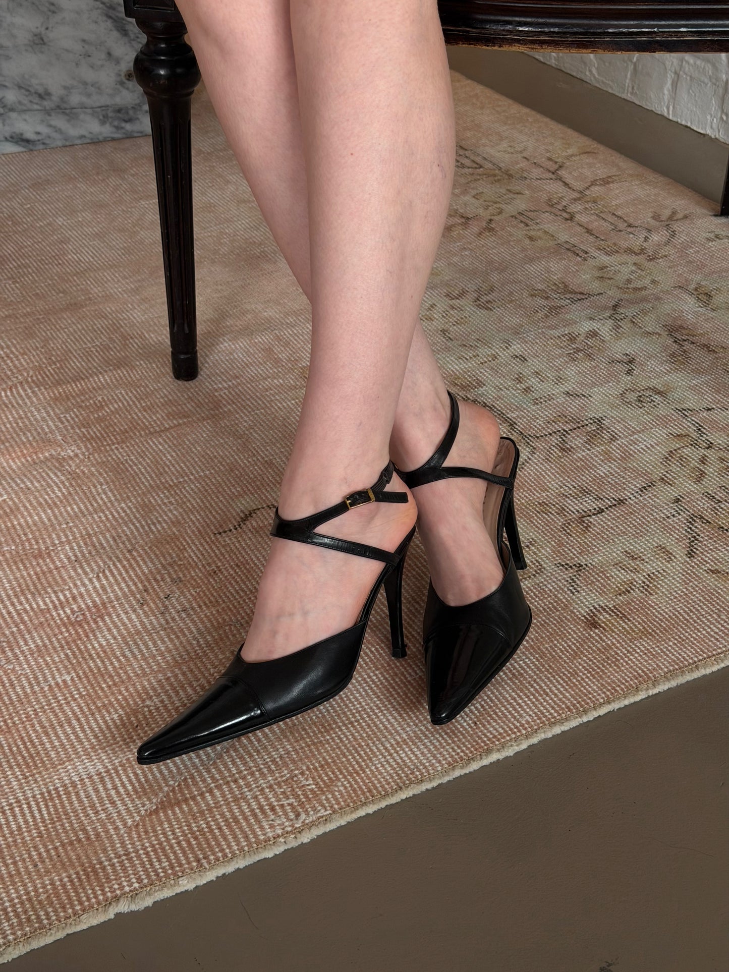Chanel Leather Cross-strap Pump w/ Patent Toe (38) - Black