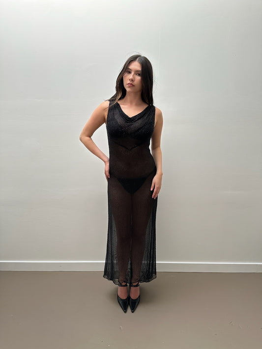 Black Sheer Beaded Silk Gown (XS/S)