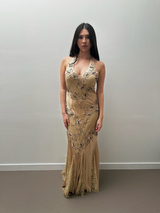 Cache Beige Satin Beaded & Lace Gown (8)