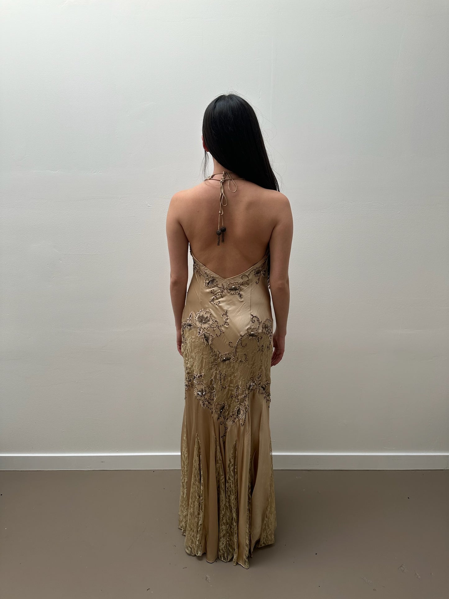 Cache Beige Satin Beaded & Lace Gown (8)