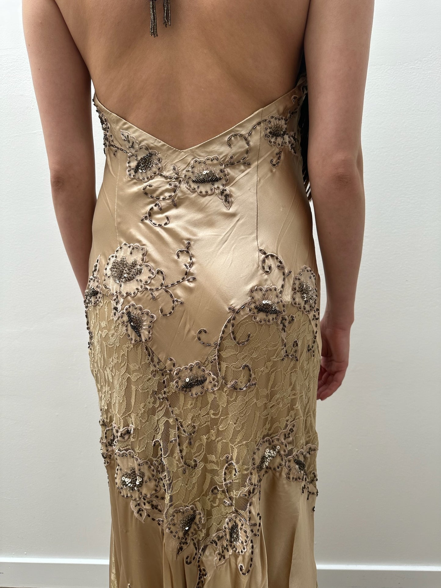 Cache Beige Satin Beaded & Lace Gown (8)