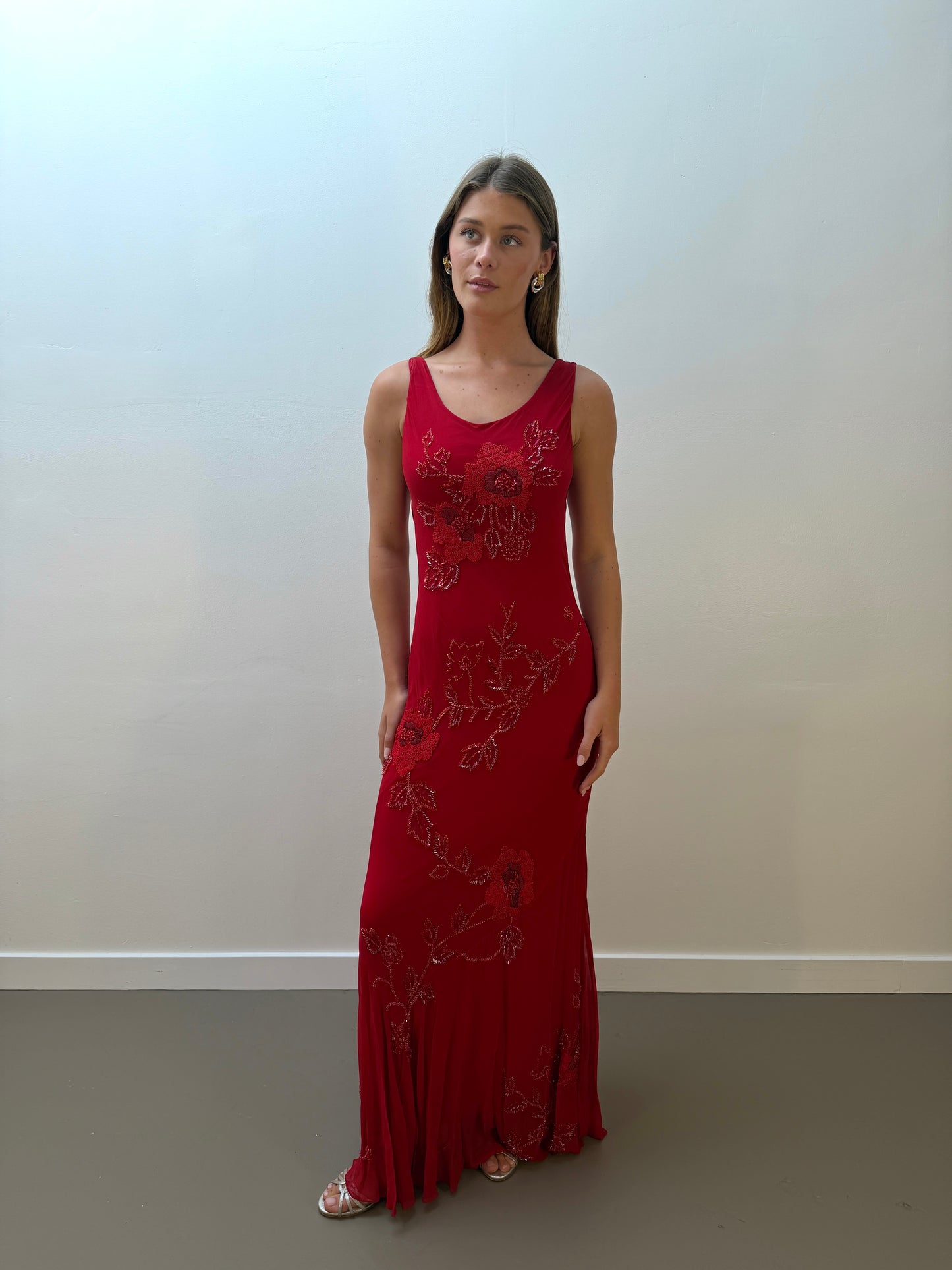 Red Floral Embroidered Silk Gown (XS-M)
