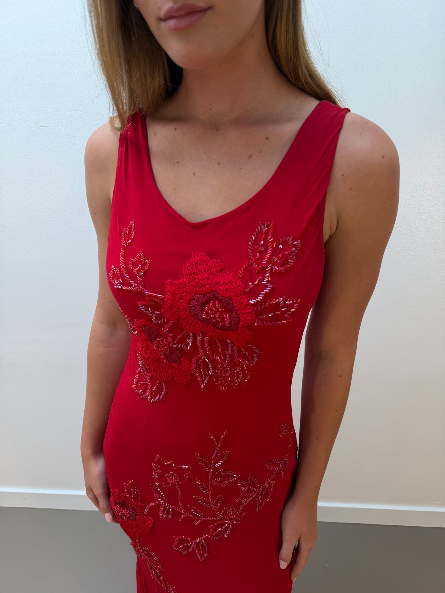 Red Floral Embroidered Silk Gown (XS-M)