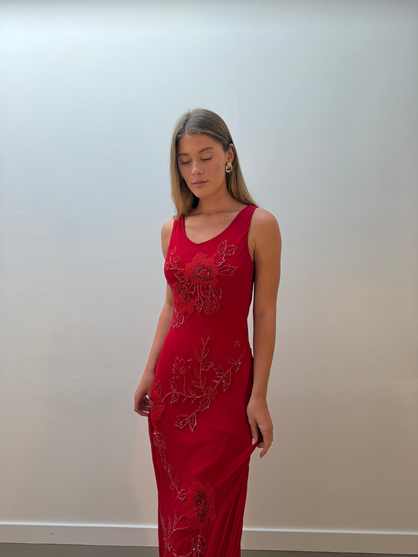 Red Floral Embroidered Silk Gown (XS-M)