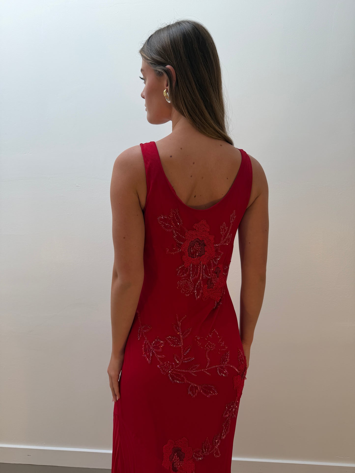 Red Floral Embroidered Silk Gown (XS-M)