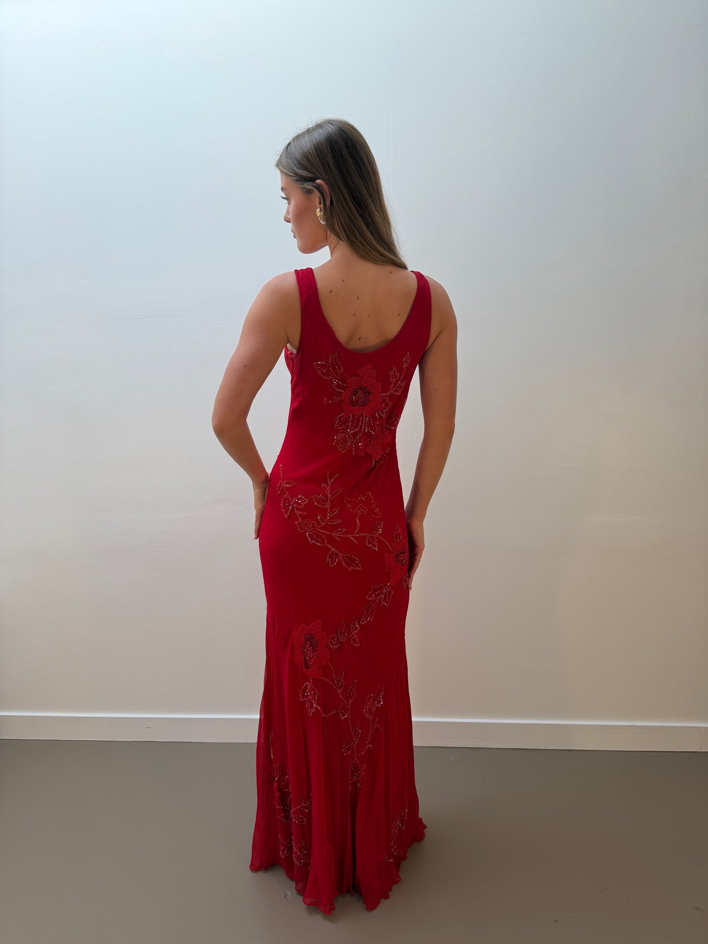 Red Floral Embroidered Silk Gown (XS-M)