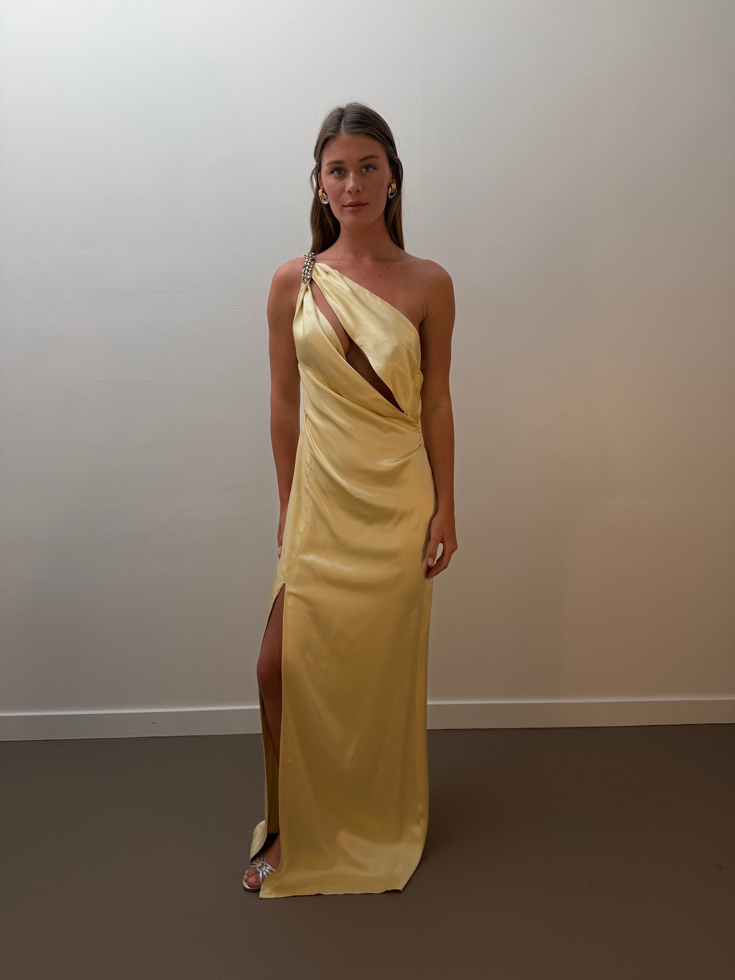 Yellow Embellished Asymmetrical Silk Gown (XS-M)