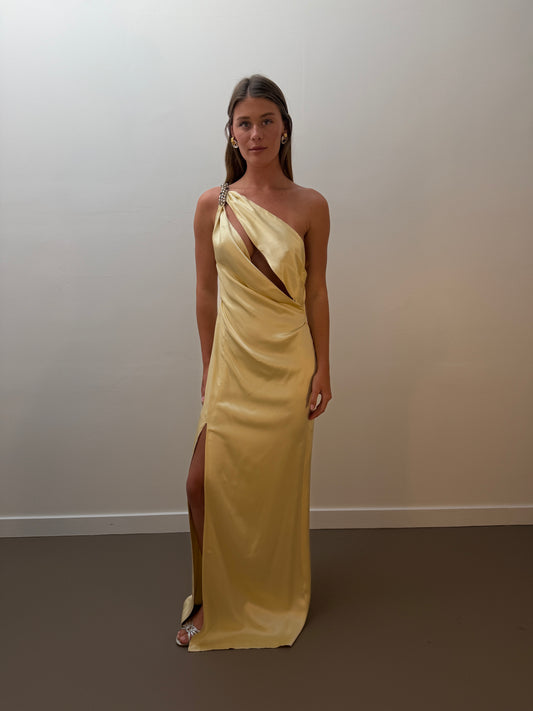 Yellow Embellished Asymmetrical Silk Gown (XS-M)
