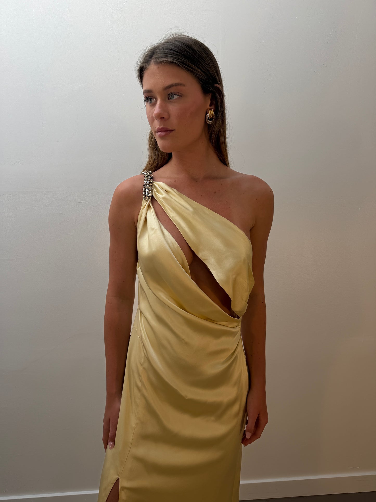 Yellow Embellished Asymmetrical Silk Gown (XS-M)