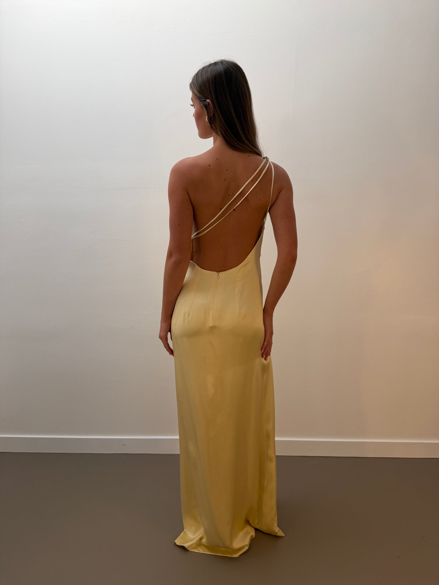 Yellow Embellished Asymmetrical Silk Gown (XS-M)
