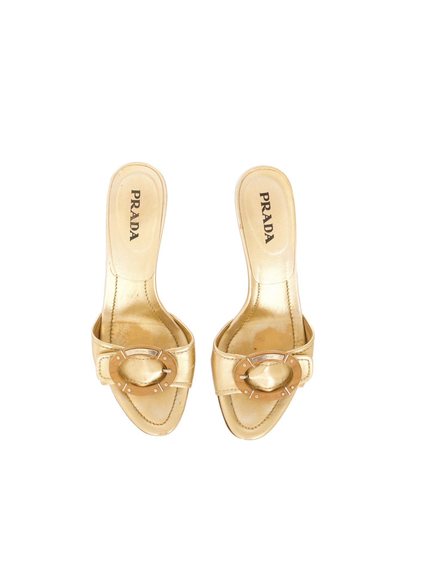 Prada Wooden Buckle Heels (38.5) - Gold