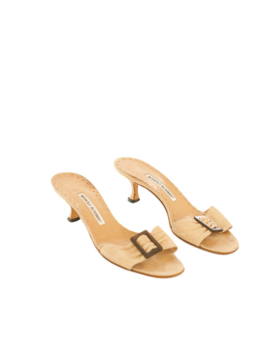 Manolo Blahnik Tan Buckle Kitten Heel