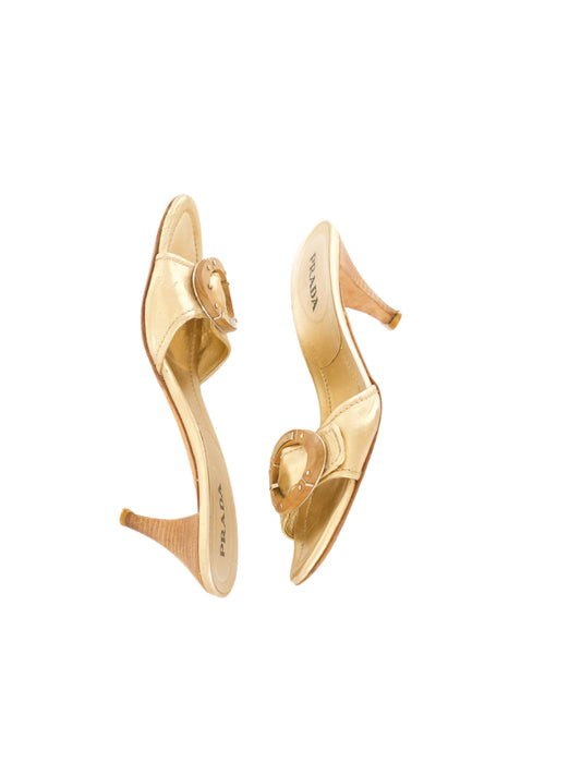 Prada Wooden Buckle Heels (38.5) - Gold